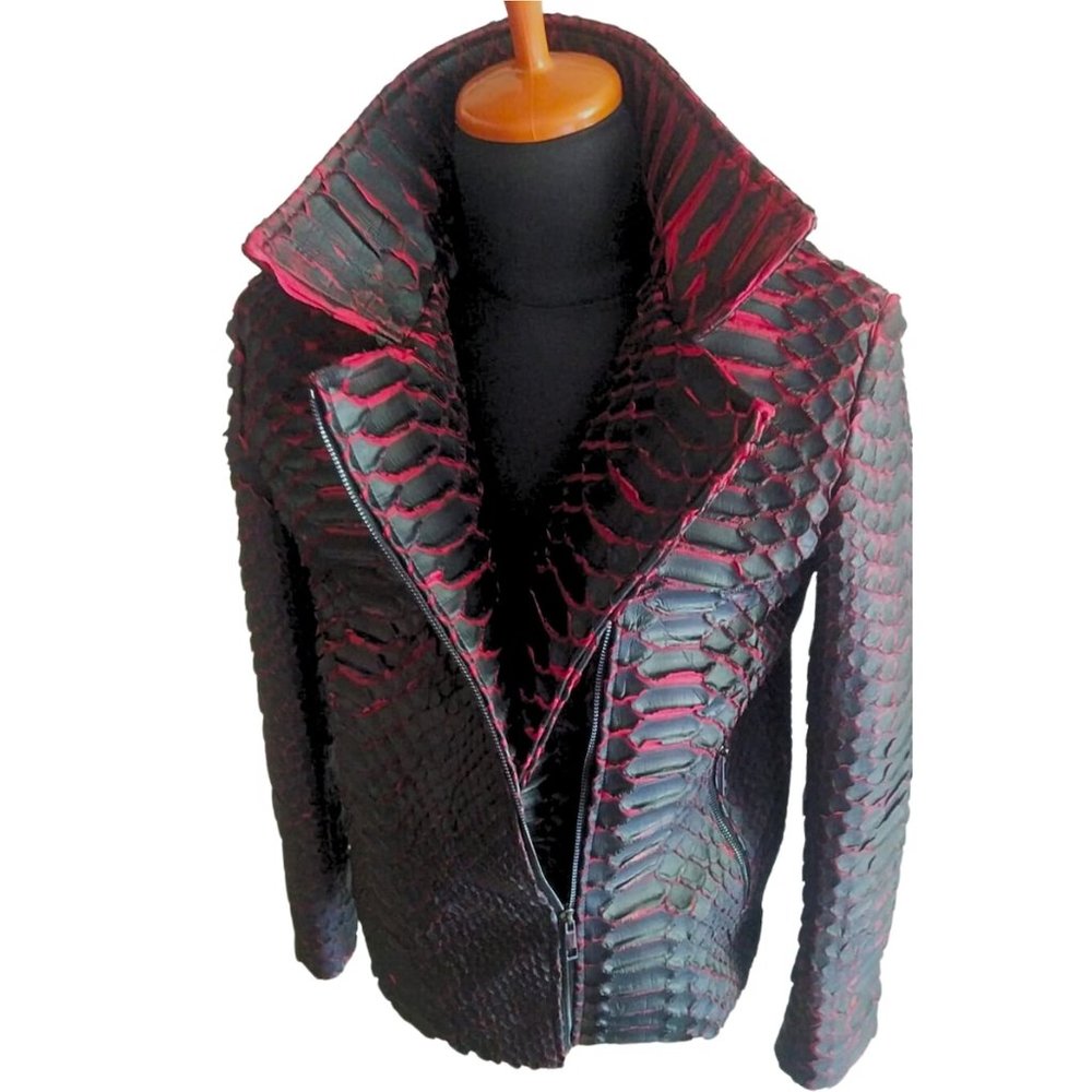 Black King Python Snakeskin Motorcycle Leather Jacket with Red Gradation
